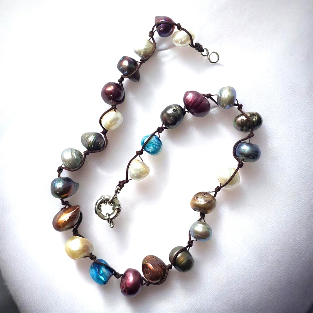 Multicolor Freshwater Pearl Necklace Baroque Knotted Potato Pearls 18" Silver Cl